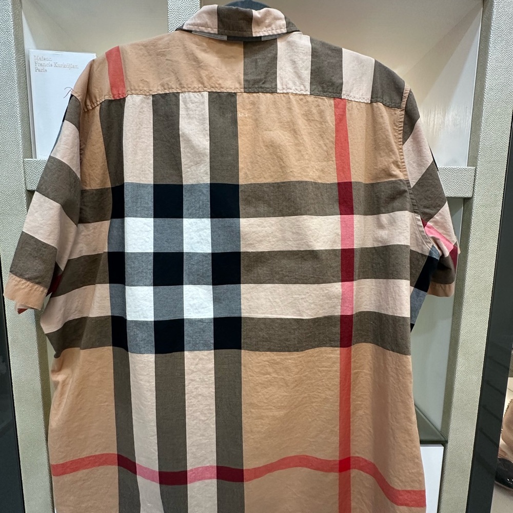 Burberry Tan Black White Red Check Short-Sleeve Button-Down Shirt - Picture 5 of 8